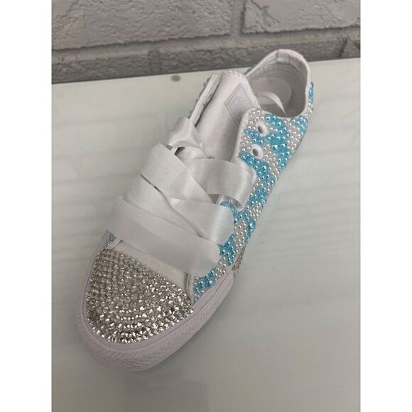 Converse Unisex Faux Pearl & Rhinestone Wedding Custom Sneakers Size M 6 / W 8 - Picture 1 of 11